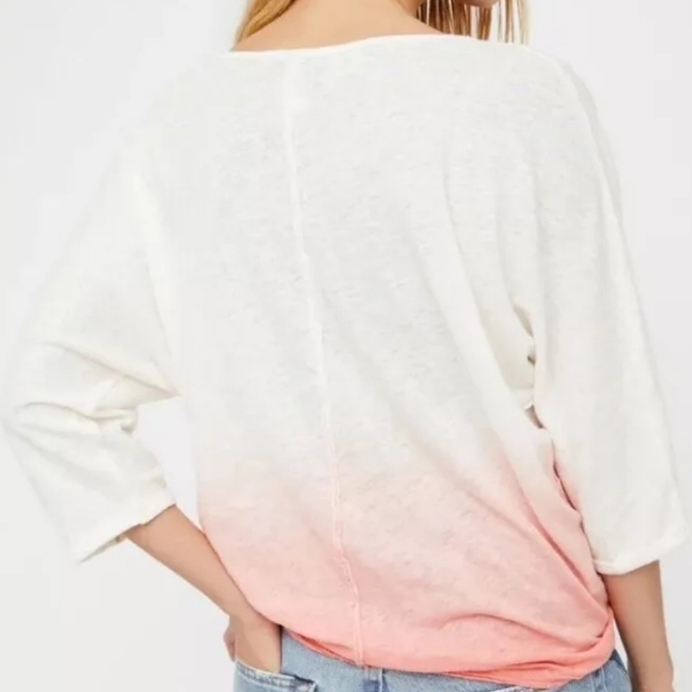 FP We The Free Ombre Linen Slub 3/4 Sleeve Top Ivory Pink Strawberry M - Picture 2 of 16